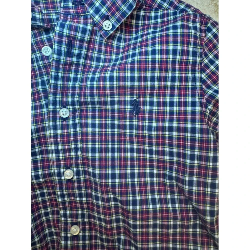Ralph Lauren Kids Plaid Button Down Shirt Navy Red Yellow Natural Stretch 4/4T